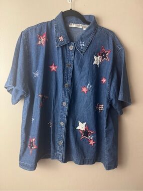 Vintage Dressbarn Patriotic Denim Button Up Shirt Cotton 4th of July 2XL